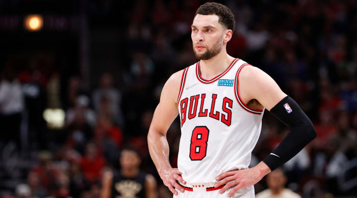 Bulls guard Zach LaVine (8) looks on during the second half of game three of the first round for the 2022 NBA playoffs.